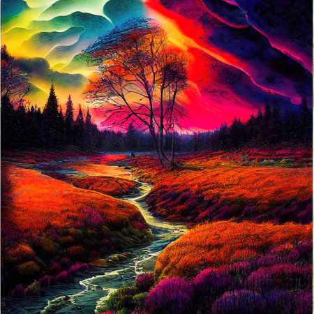 Beautiful Colorful Countryside and Cottage Illustrationの素材