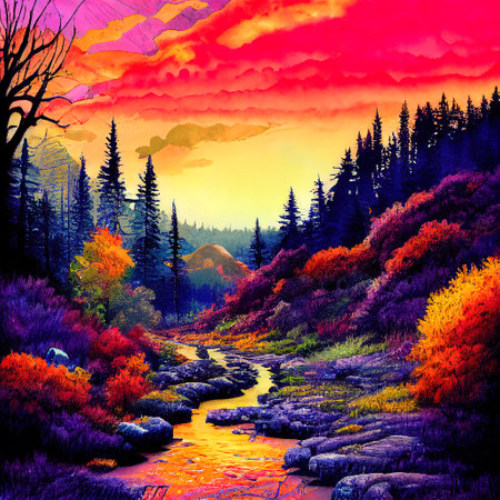 Beautiful Colorful Countryside and Cottage Illustrationの素材