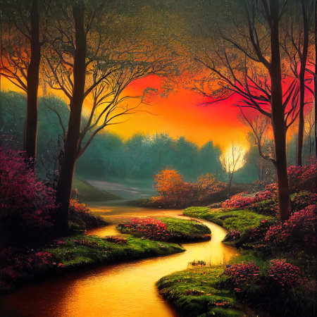 Beautiful Colorful Countryside and Cottage Illustrationの素材