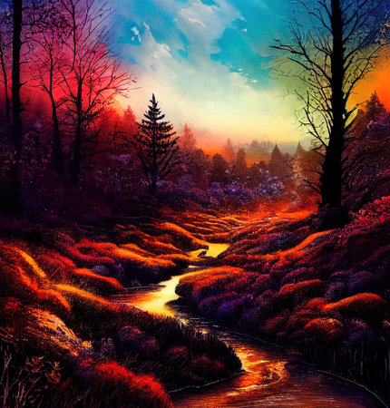 Beautiful Colorful Countryside and Cottage Illustrationの素材