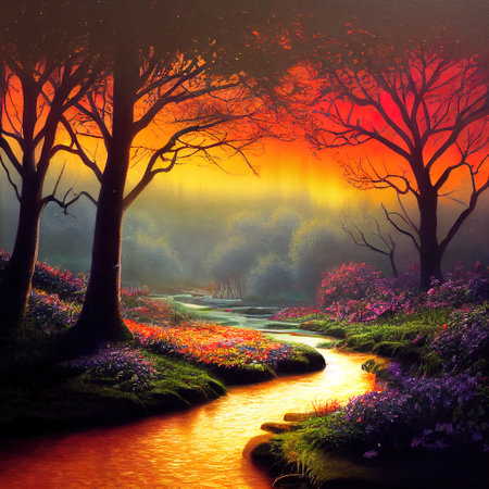Beautiful Colorful Countryside and Cottage Illustrationの素材