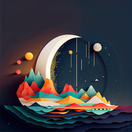 Abstract Minimalism Retro Moon Landscape Illustrationの写真素材