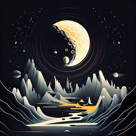 Abstract Minimalism Retro Moon Landscape Illustrationの写真素材