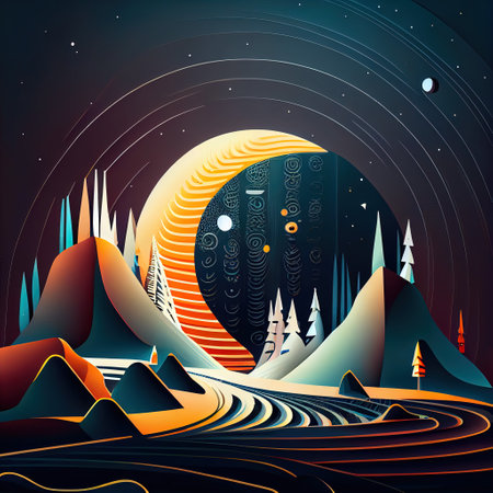 Abstract Minimalism Retro Moon Landscape Illustrationの写真素材