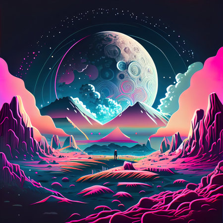 Abstract Minimalism Retro Moon Landscape Illustrationの写真素材