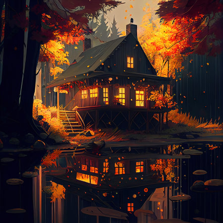 Autumn Fall Cottage Illustrationの写真素材