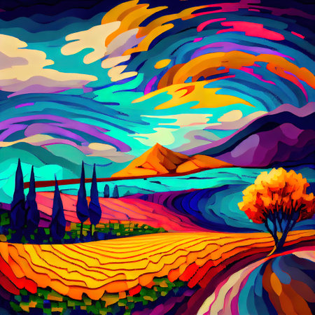 Beautiful Colorful Abstract Landscape Van Gogh Inspired Illustrationの写真素材