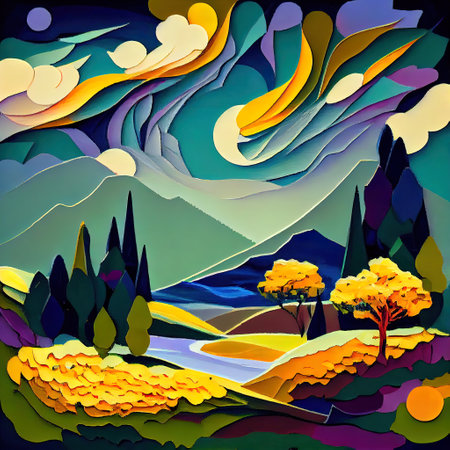 Beautiful Colorful Abstract Landscape Van Gogh Inspired Illustration