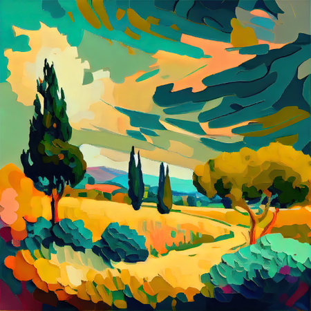 Beautiful Colorful Abstract Landscape Van Gogh Inspired Illustrationの写真素材