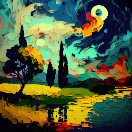 Beautiful Colorful Abstract Landscape Van Gogh Inspired Illustrationの写真素材