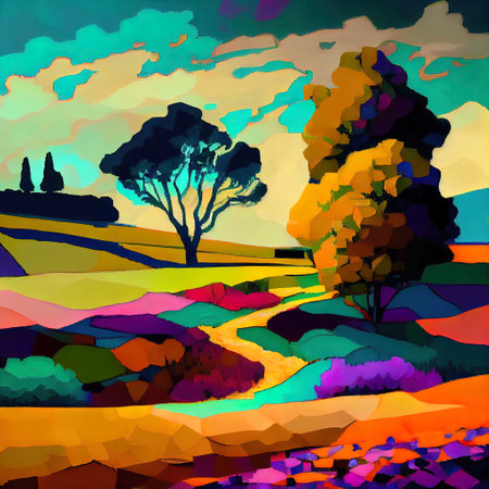 Beautiful Colorful Abstract Landscape Van Gogh Inspired Illustrationの写真素材