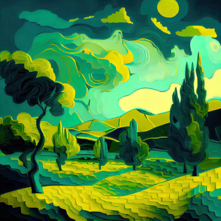 Beautiful Colorful Abstract Landscape Van Gogh Inspired Illustrationの写真素材