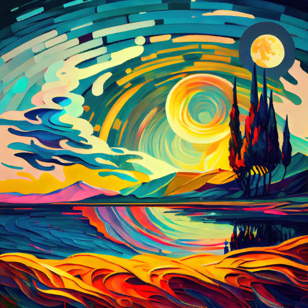 Beautiful Colorful Abstract Landscape Van Gogh Inspired Illustrationの写真素材