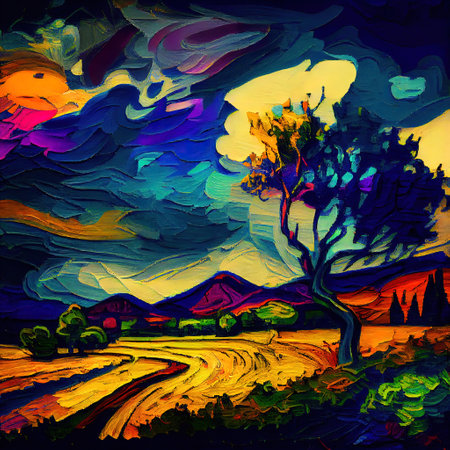 Beautiful Colorful Abstract Landscape Van Gogh Inspired Illustrationの写真素材