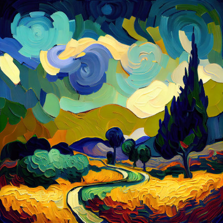 Beautiful Colorful Abstract Landscape Van Gogh Inspired Illustrationの写真素材