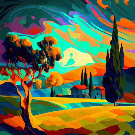 Beautiful Colorful Abstract Landscape Van Gogh Inspired Illustrationの写真素材