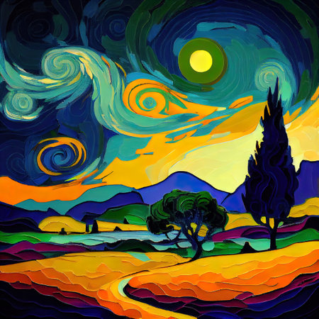 Beautiful Colorful Abstract Landscape Van Gogh Inspired Illustrationの写真素材