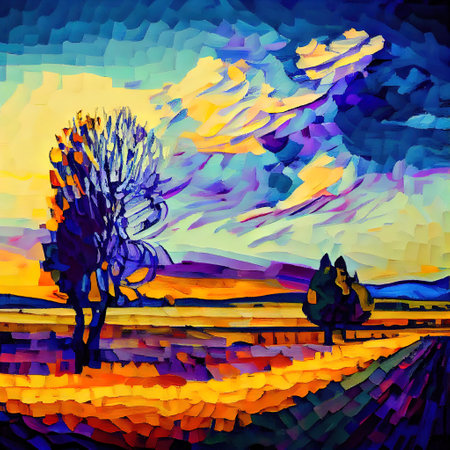 Beautiful Colorful Abstract Landscape Van Gogh Inspired Illustrationの写真素材