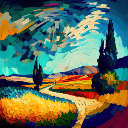 Beautiful Colorful Abstract Landscape Van Gogh Inspired Illustrationの写真素材
