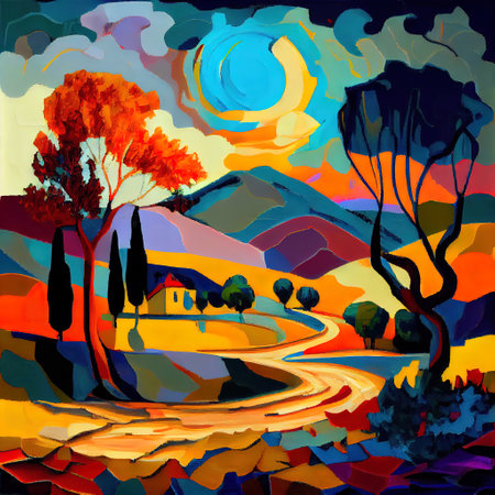 Beautiful Colorful Abstract Landscape Van Gogh Inspired Illustrationの写真素材