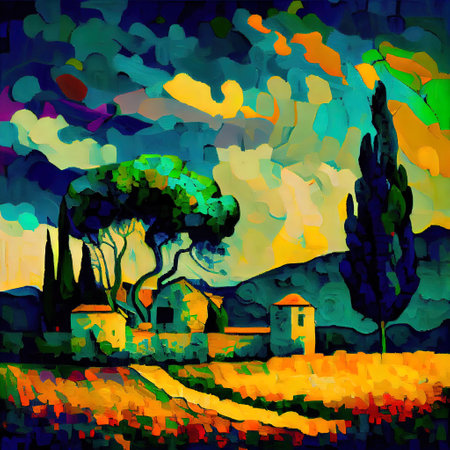 Beautiful Colorful Abstract Landscape Van Gogh Inspired Illustrationの写真素材