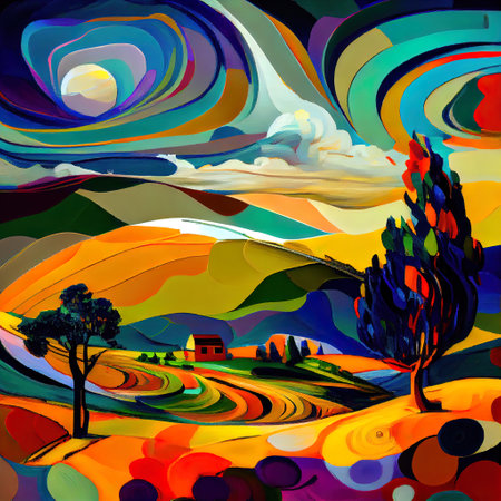 Beautiful Colorful Abstract Landscape Van Gogh Inspired Illustrationの写真素材