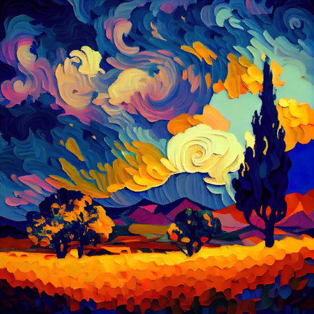 Beautiful Colorful Abstract Landscape Van Gogh Inspired Illustrationの写真素材