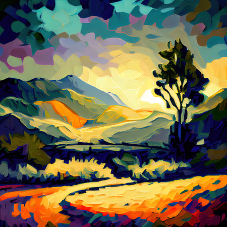 Beautiful Colorful Abstract Landscape Van Gogh Inspired Illustrationの写真素材