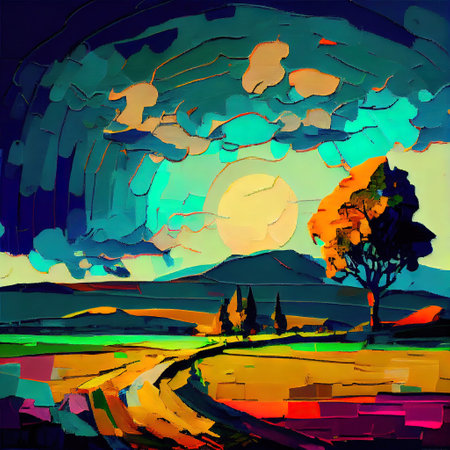 Beautiful Colorful Abstract Landscape Van Gogh Inspired Illustrationの写真素材