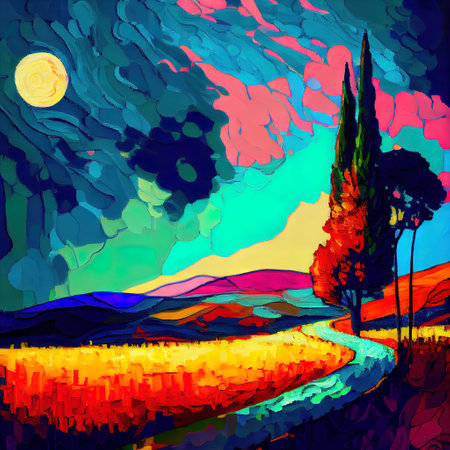 Beautiful Colorful Abstract Landscape Van Gogh Inspired Illustrationの写真素材