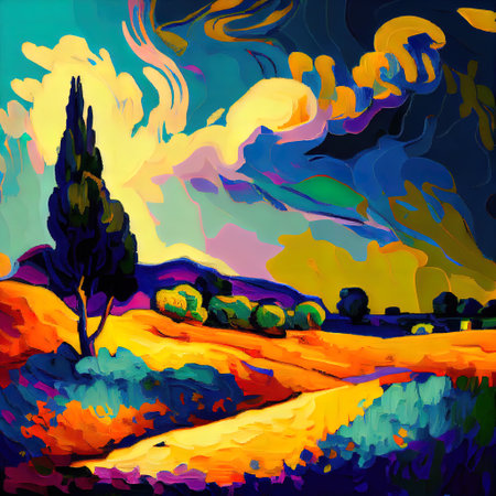 Beautiful Colorful Abstract Landscape Van Gogh Inspired Illustrationの写真素材
