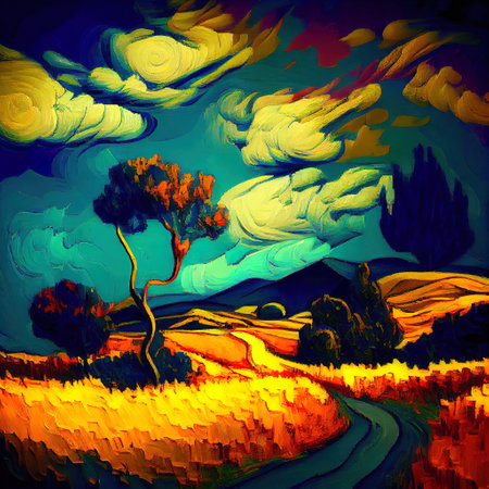 Beautiful Colorful Abstract Landscape Van Gogh Inspired Illustrationの写真素材