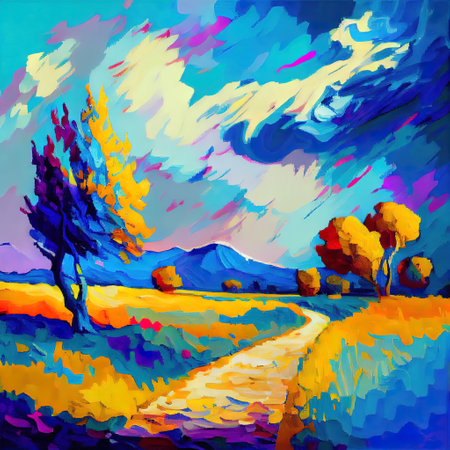 Beautiful Colorful Abstract Landscape Van Gogh Inspired Illustrationの写真素材