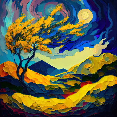Beautiful Colorful Abstract Landscape Van Gogh Inspired Illustrationの写真素材