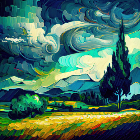 Beautiful Colorful Abstract Landscape Van Gogh Inspired Illustrationの写真素材