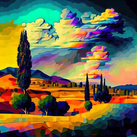 Beautiful Colorful Abstract Landscape Van Gogh Inspired Illustrationの写真素材