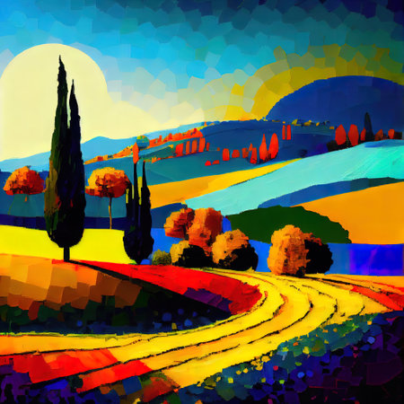 Beautiful Colorful Abstract Landscape Van Gogh Inspired Illustrationの写真素材