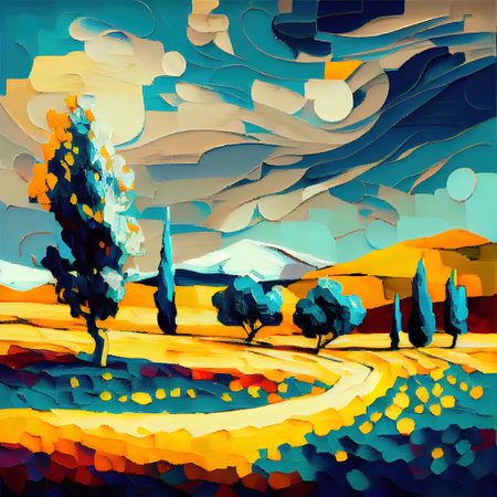 Beautiful Colorful Abstract Landscape Van Gogh Inspired Illustrationの写真素材