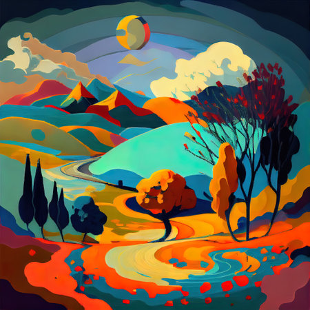 Beautiful Colorful Abstract Landscape Van Gogh Inspired Illustrationの写真素材