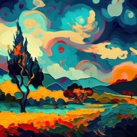 Beautiful Colorful Abstract Landscape Van Gogh Inspired Illustrationの写真素材