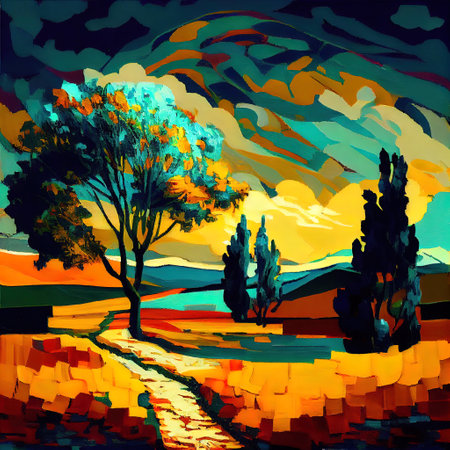 Beautiful Colorful Abstract Landscape Van Gogh Inspired Illustration