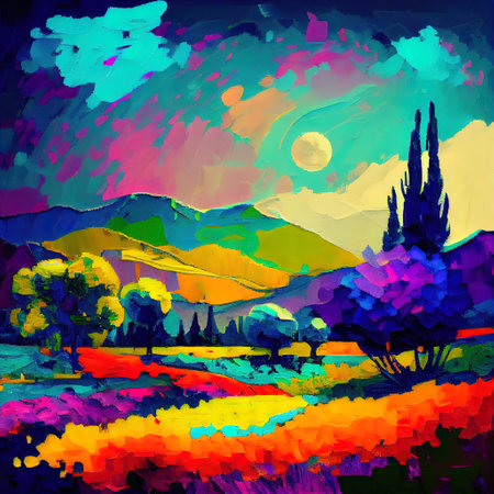 Beautiful Colorful Abstract Landscape Van Gogh Inspired Illustrationの写真素材
