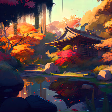 Autumn Japanese Garden Illustrationの写真素材