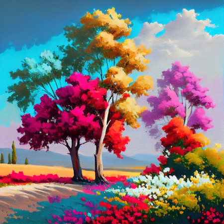 Colorful Countryside Landscape Illustrationの写真素材