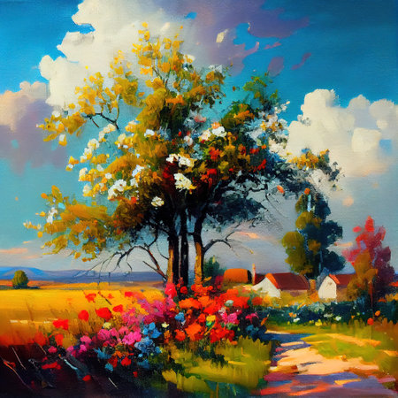 Colorful Countryside Landscape Illustrationの写真素材