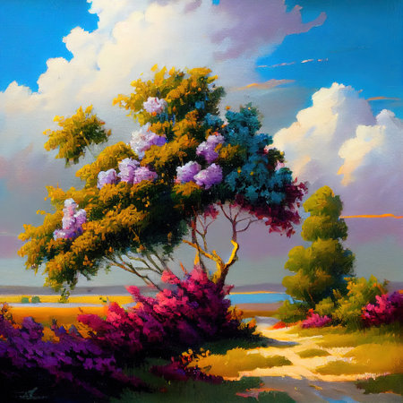 Colorful Countryside Landscape Illustrationの写真素材