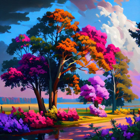 Colorful Countryside Landscape Illustrationの写真素材