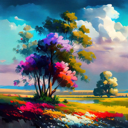 Colorful Countryside Landscape Illustrationの写真素材