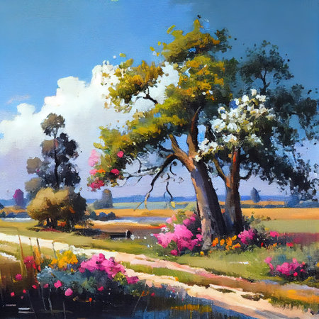 Colorful Countryside Landscape Illustrationの写真素材