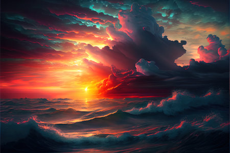 Sunset By The Ocean Illustrationの写真素材